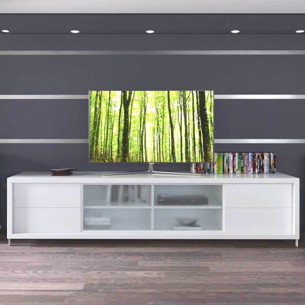 Meuble TV laqué blanc 240 cm buffet bas de salon moderne avec grands rangements intégrés