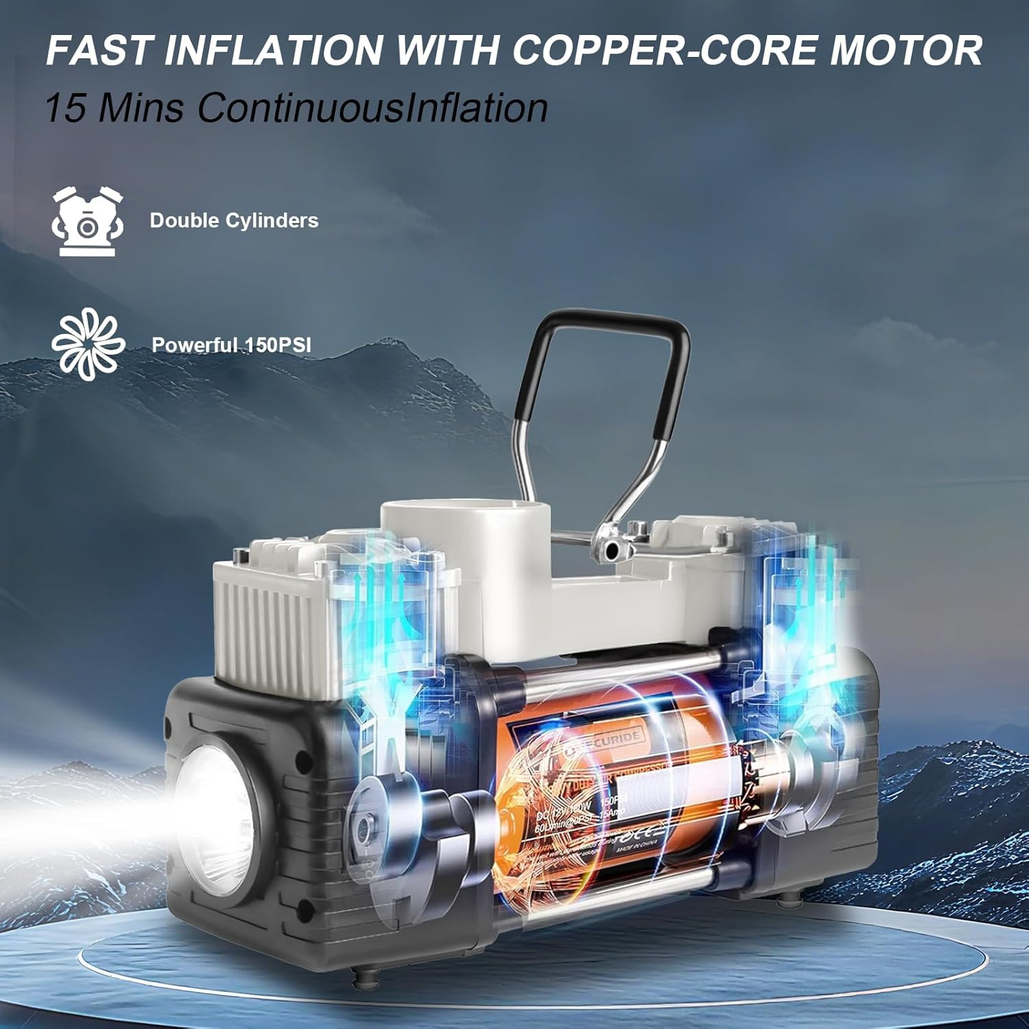 Silver Tire Inflator Portable Air Compressor, Heavy Duty Double Cylinders Auto P