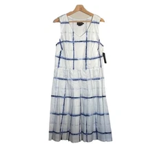 Pendleton Sleeveless A-line Dress Size 12 White Blue Plaid Check Pleated NWT