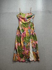 Divided Women Midi Dress M Pink Green Floral Sleeveless Spaghetti Strap Slit