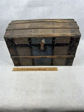 antique  trunk dome top tin wood sample doll  16 x 10 x 9.5 19th c  original