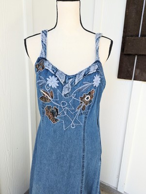 Vintage Y2k Fitted Denim Maxi Dress With Embroidered Flowers | eBay