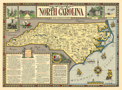 Pictorial Map of North Carolina Old North State Historical Wall Poster Vintage