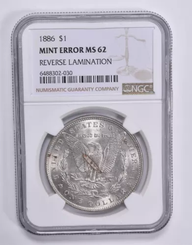 MINT ERROR MS62 1886 Morgan Silver Dollar REV Lamination NGC *1803