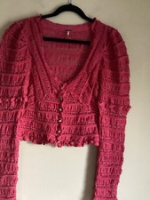 Free People Fuchsia Cable Knit Cropped V Neck Cardigan Size M NWOT