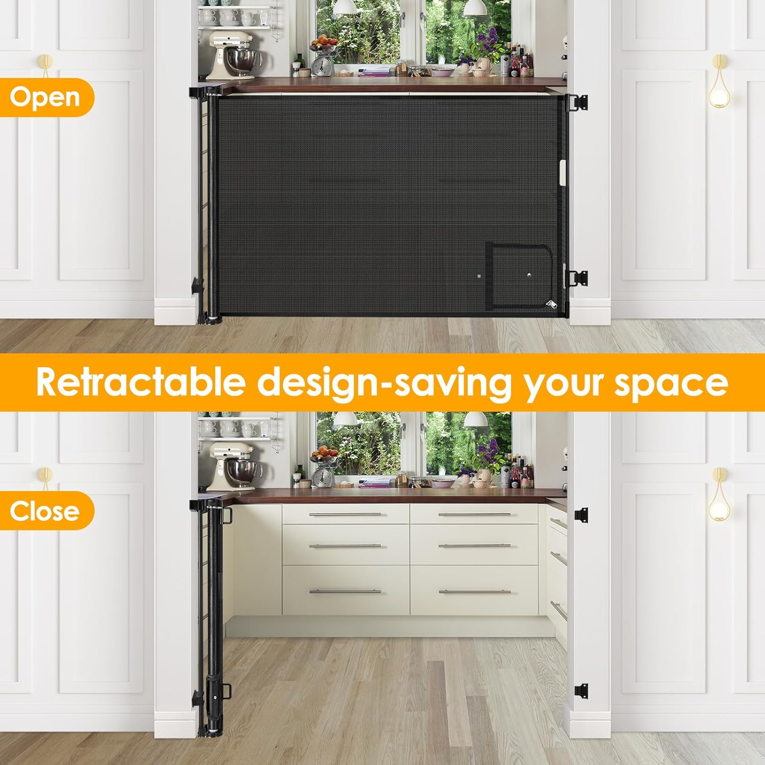 Retractable Baby Gate with Door 55" Wide Mesh Baby Gates with Cat Door