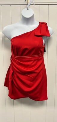 DO+BE Red Mini  Dress One off Shoulder Pleated Bow on Shoulder & Hip Size L NWT