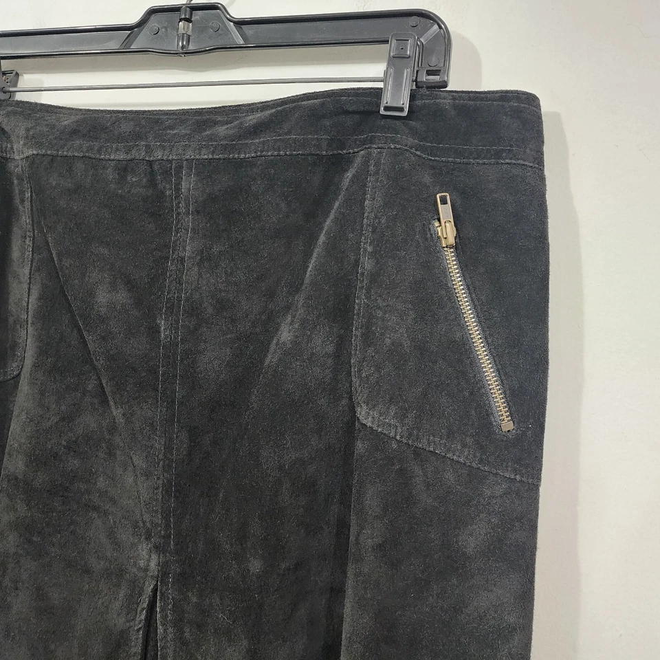 Vintage 90s Context Black Suede Leather Front Pleat Skirt Knee Length Womens 16 - Image 3 of 4