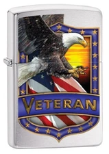 Zippo Veteran Shield with Eagle Lighter, Brushed Chrome NEW IN BOX