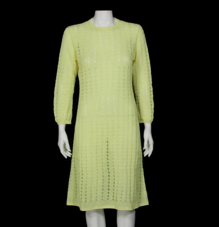 Vestido de sol vintage años 70 tejido ganchillo amarillo neón peekaboo manga larga mod talla M 852 Foto 3 de 4