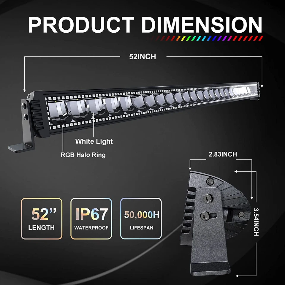 52 INCH LED Light Bar Spot Flood RGB Halo For Jeep Wrangler JK YJ TJ CJ LJ Foto 2 de 4