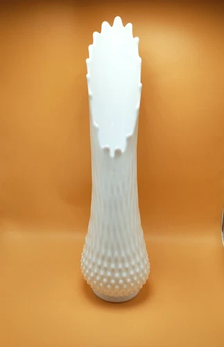 Vintage Fenton 16 finger White Milk Glass Hobnail Swung Vase MCM 17 1/4” Tall