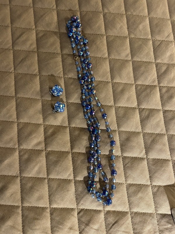 Vintage Blue Aurora Borealis Crystal Bead Necklace and Clip Earrings Set