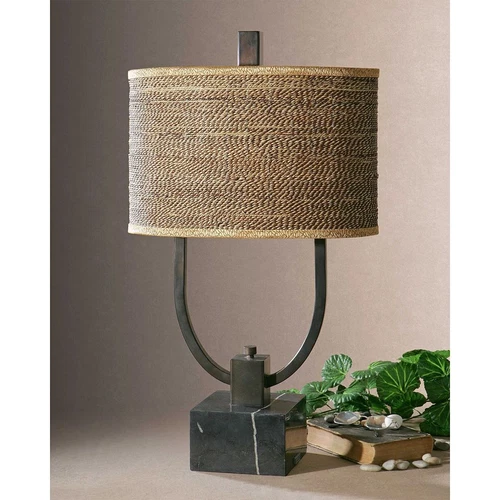 Rustic Elegant Bronze Black Open Arch Table Lamp 30 in Metal Marble Rattan - Picture 2 of 3