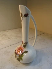 Vintage White Porcelain Rose Vase Pitcher With Handle 7” Tall