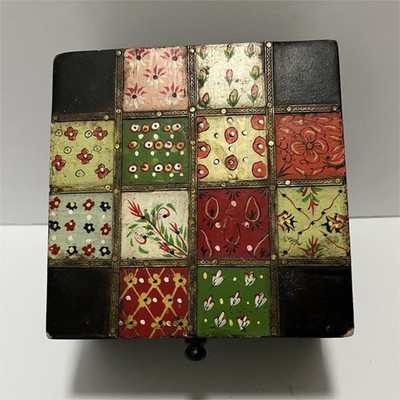 Black Painted Wood Trinket Box w/ Lid, Floral Patchwork Top, 6x6x3 in