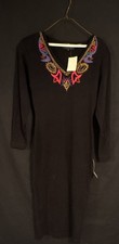 Vintage Carole Little Long Sleeve V-Neck Sweater Dress Embroidered Black S