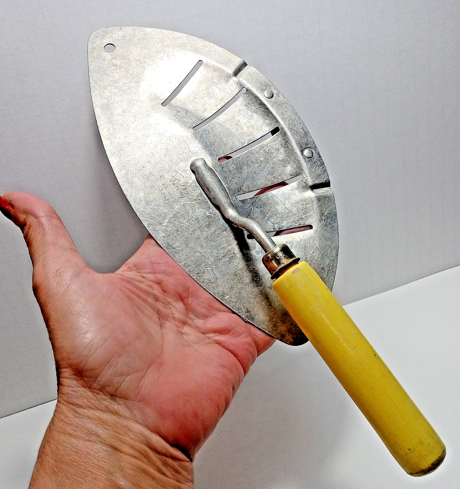 Vintage MCM Foley Aluminum Strainer Drainer Yellow Wood Handle USA PAT Pending