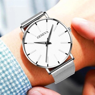 Men's Watch Mesh Stainless Steel Bracelet Analog Round Dial Business Wristwatch