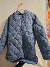 Womens Blue Quilted Puffer Hooded Jacket Mid-Length Snap Closure Size S