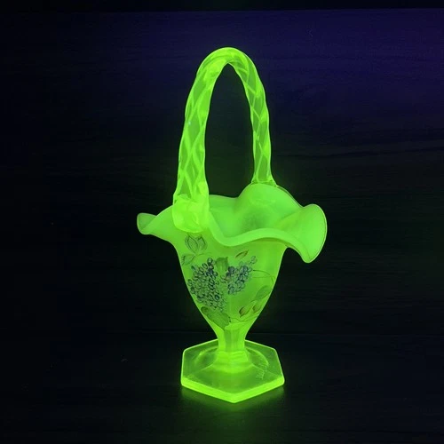 Fenton Twist Handle Basket Vase 10” Uranium Topaz Iridescent Hand Painted & Sign