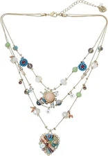 Betsey Johnson Layered Beaded Heart Necklace, Multicolor Boho Statement Jewelry