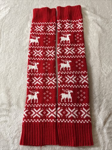 Christmas Winter Festive Cozy Reindeer Leg Warmers Red White Fair Isle Knit