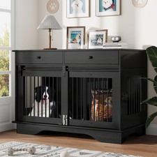 47 in Dog Crate Furniture Wooden Kennel with Drawers Sliding Barn Door End Table