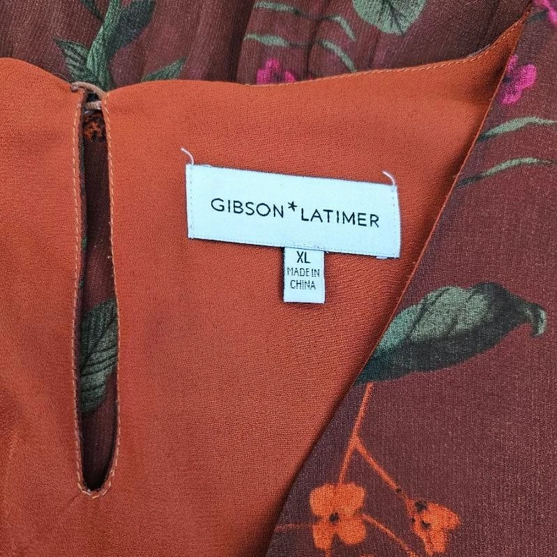 Gibson Latimer Fall Floral Colors Poet Sleeve Boho Ruffle Hem Midi Dress Size XL - Image 4 of 4