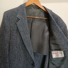 VTG 80s Harris Tweed Handwoven Scottish Wool Herringbone Blazer 44 R Gray USA