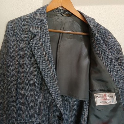 VTG 80s Harris Tweed Handwoven Scottish Wool Herringbone Blazer 44 R Gray USA
