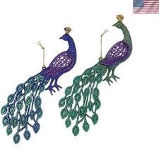 Brand New T0905 Acrylic Peacock Ornament Set of 2 Blue Green Purple 4.5 Inches