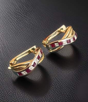Rubin Diamant Ohrringe Creolen 9 kt in Gelbgold Princess Cut bicolor Leverback
