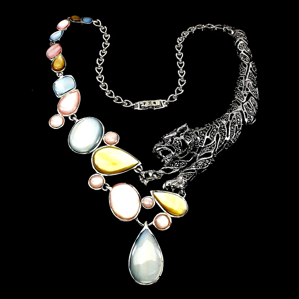 MOTHER OF PEARL RUBY & MARCASITE TIGER NECKLACE .925 STERLING SILVER 18 IN - Image 2 of 3