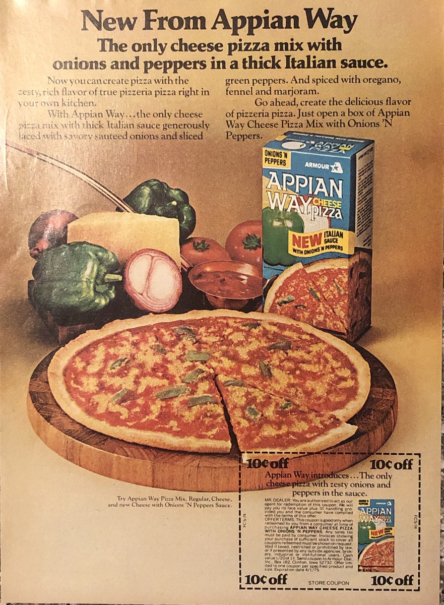 1974 Appian Way Cheese Pizza Kit Box PRINT AD New Sauce Onions
