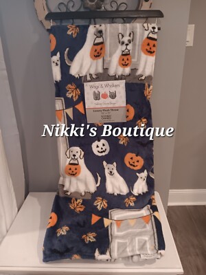 Deborah Connolly Wags and Whiskers Ghost Dogs Pumpkins Halloween Throw  Blanket