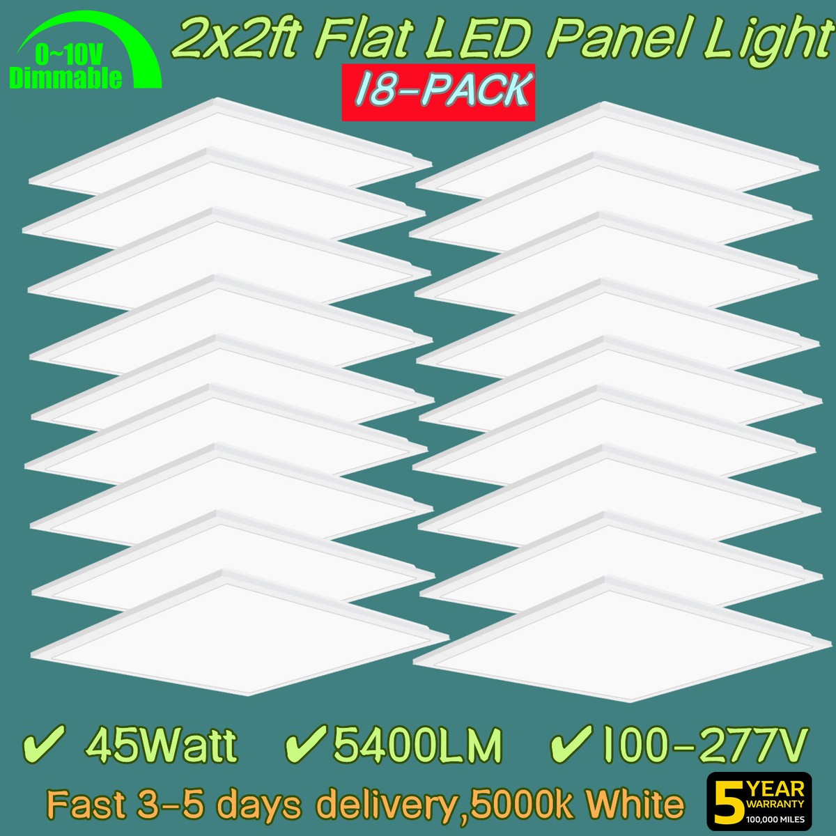 18 Pieces 2x2FT White LED Flat Panel Light 45W 5000K Daylight Drop