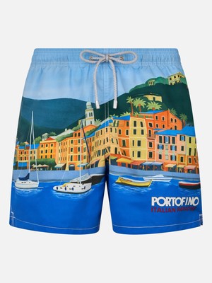 MC2 Saint Barth Man Mid-length Gustavia Swim-shorts With Portofino Placed Print