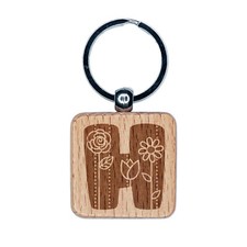 Sweet and Cute Flowers Rounded Block Letter H Engraved Wood Square Keychain