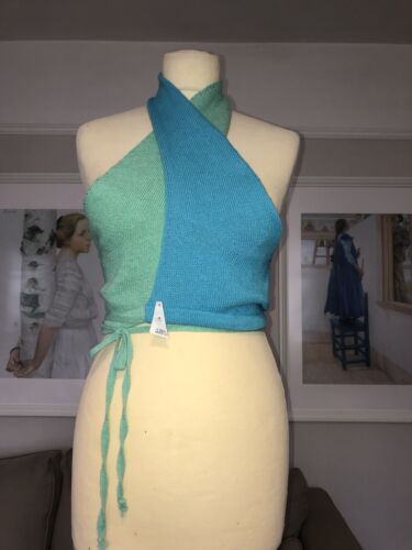Knitted Halter Neck Top Uk14 Colour block Blue & Turquoise AsYou - Picture 1 of 12
