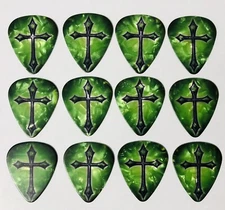 12 pcs Pearl Cross GREEN Guitar Picks - Faith Religious Prayer - Hot Picks Pics