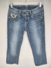 Vigoss Women’s Jeans Size 1/2 Blue Denim Chelsea Capri Thick Stitch Bling 28x22