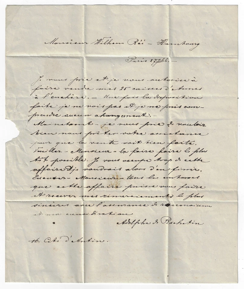 FRANCE 1866 TO GERMANY PARIS HAMBURG COVER TIED PARIS TO HAMBURG - Image 3 of 3