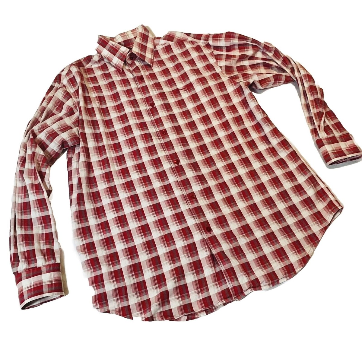 Sean John Shirt Mens Extra Large Red White Plaid Long Sleeve