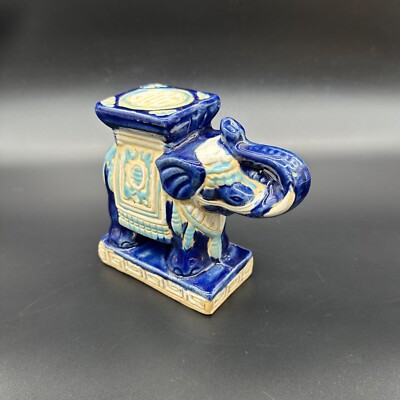 Elephant Statue Figurine Blue Trunk Up Good Luck Asian Style Pedestal Stand