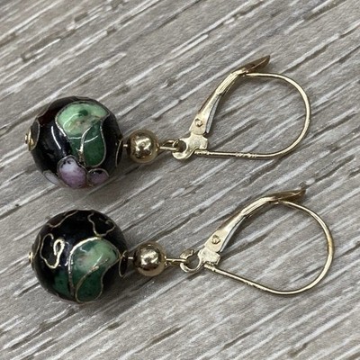 14k Yellow Gold Cloisonne Enamel Floral Leverback Dangle/Drop Earrings