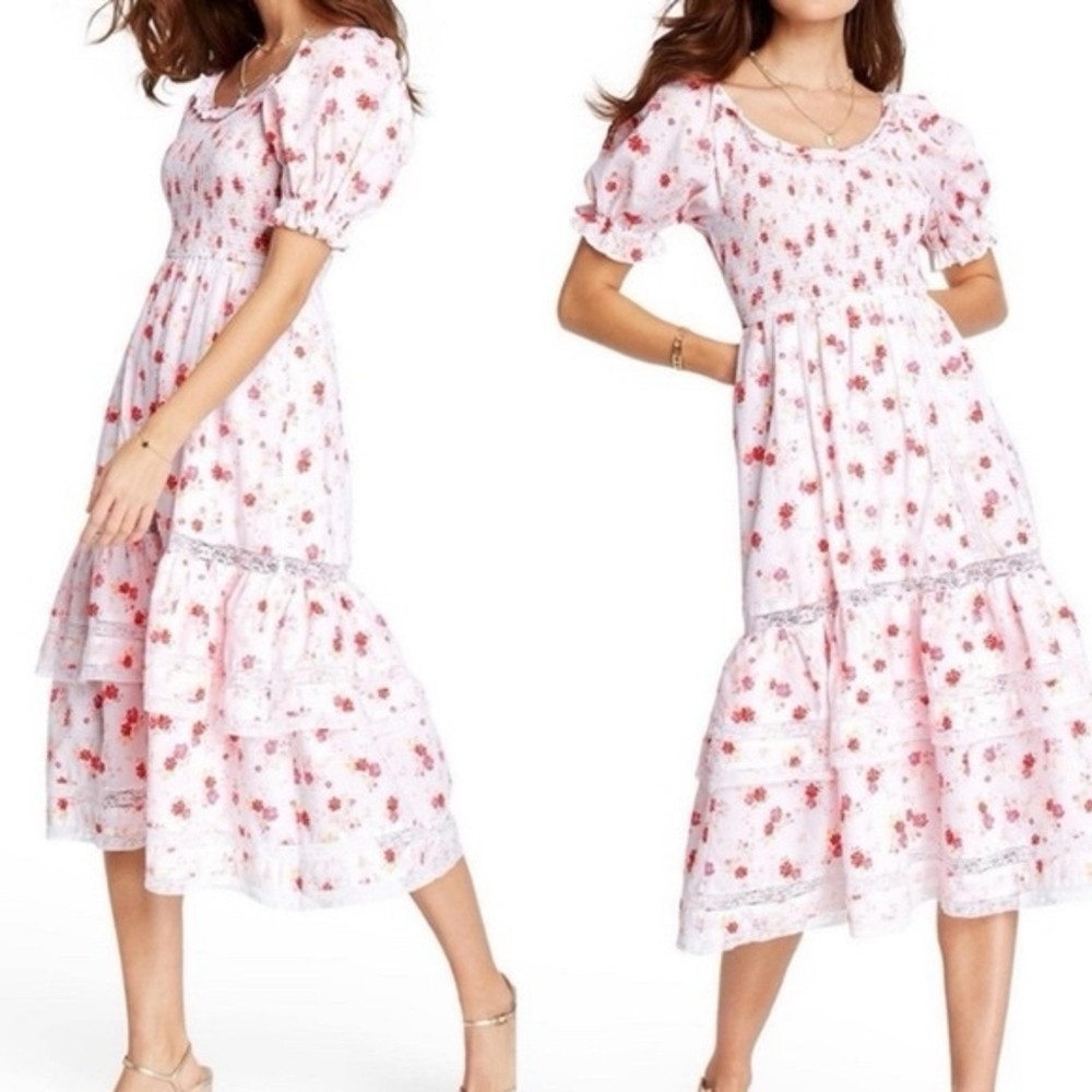 LoveShackFancy x Target White Pink Floral Tiered Midi Sundress in XL-image