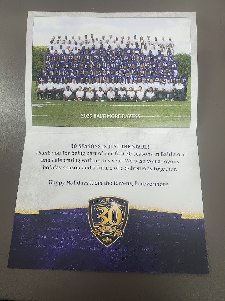 2025 2026 Baltimore Ravens Official Holiday Card & Team Picture Season Christmas