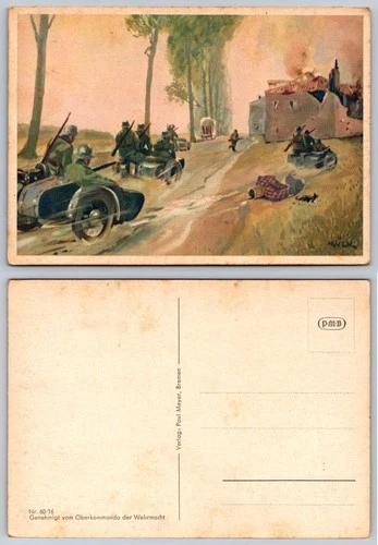 WW2 German Wehrmacht Military Motorcycle Sidecar Combat Art Postcard