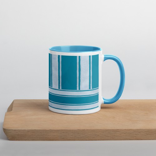 Tasse à café en céramique 11 oz blanc sarcelle rayé | Coupe de plage océan nautique côtier - Photo 28/30